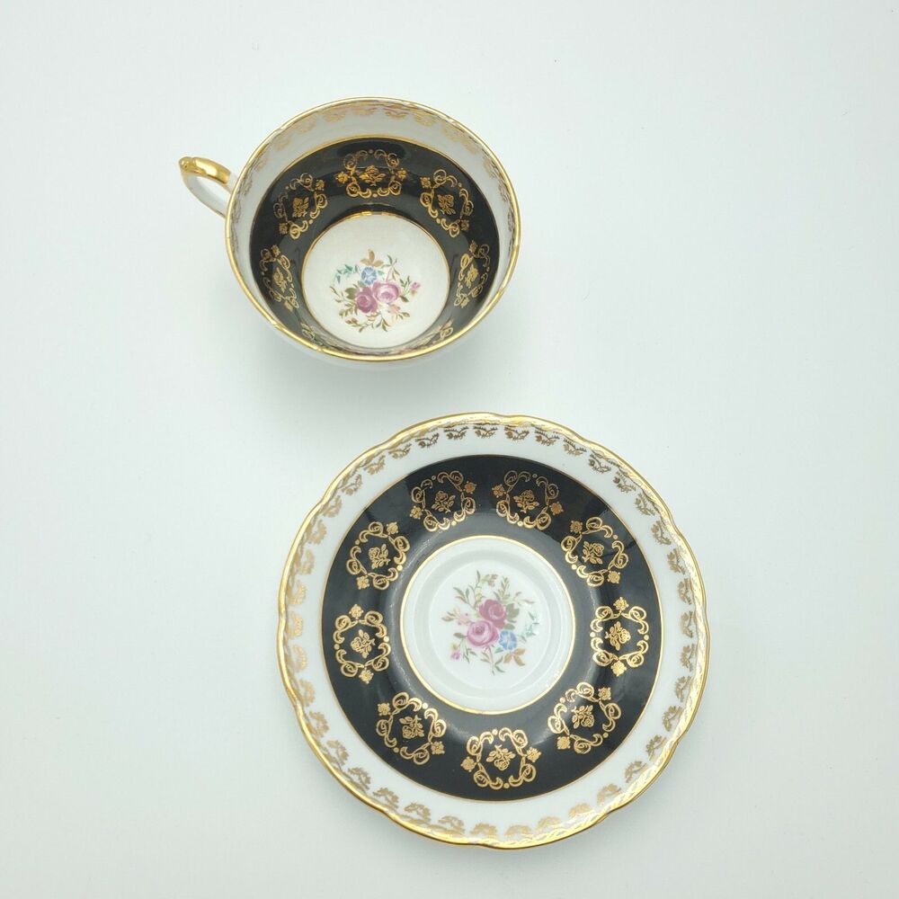 Sutherland Black Floral Tea/Coffee Cup Saucer Set Fine Bone China England
